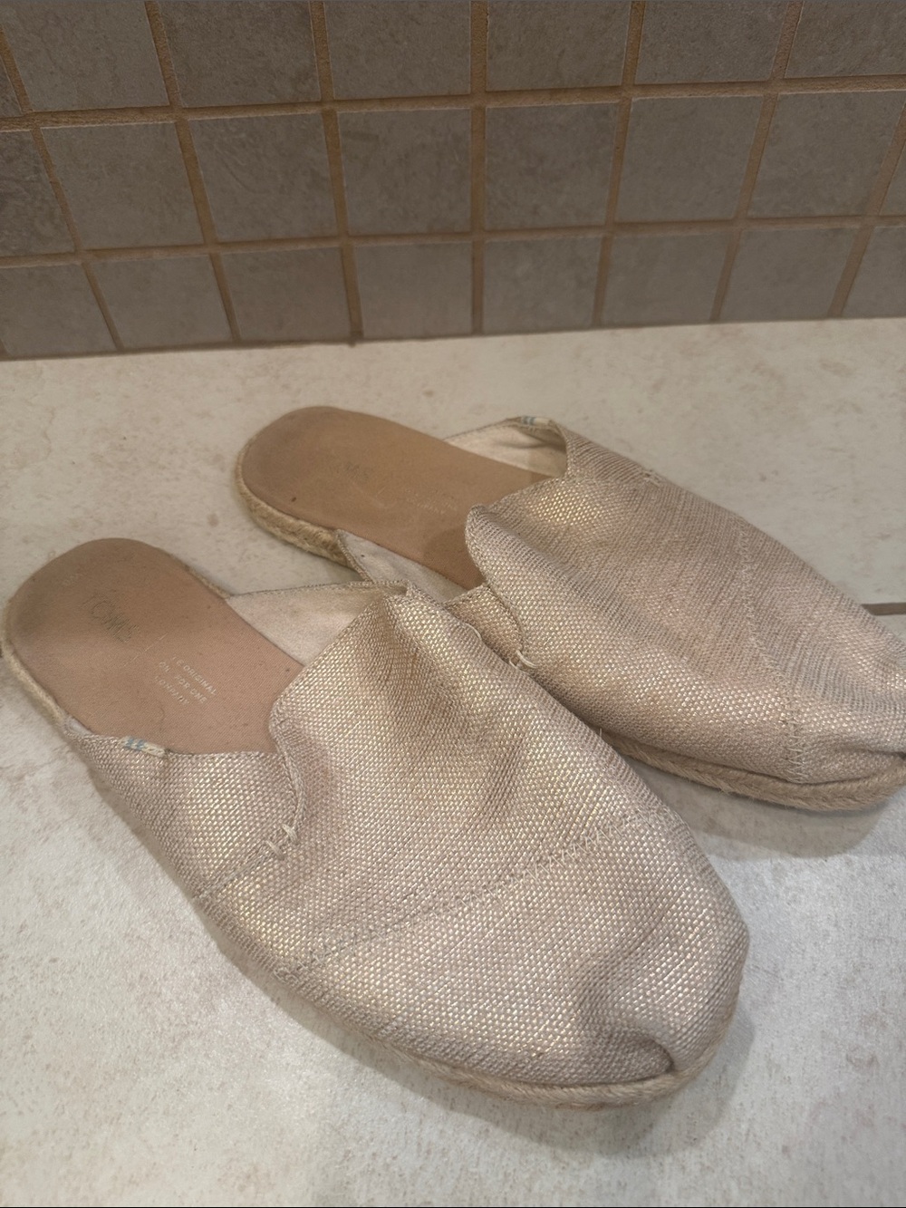 TOMS Women's Metallic Beige Slip-On Espadrille Mules